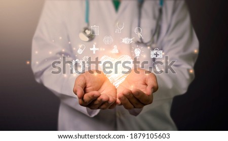 Medical Technology on 2021 target set goals achievement new year resolution, doctor health care worker planning saving world pandemic COVID-19 strategy ideas, icon copy space orange vintage background Royalty-Free Stock Photo #1879105603