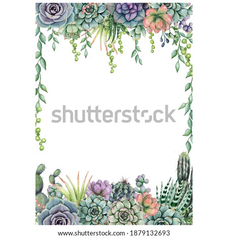 Watercolor succulent rectangle frame. Hand painted green and violet cactus border. For wedding design, invitations, fabric, textile, baby shower, wedding. Isolated on white background. 