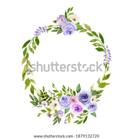 Purple and pink flowers wreath. Wattercolor gentle Hand painted floral spring frame. Bright Isolated florish wreath. For invitations, wedding design, shower