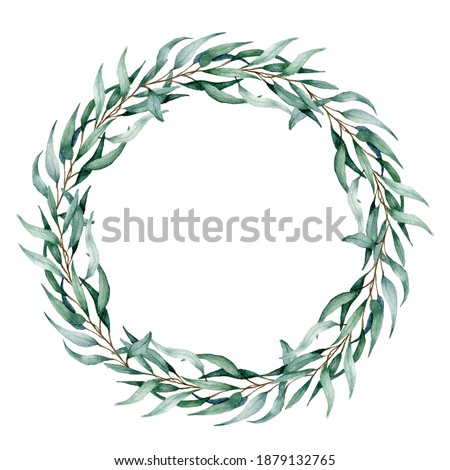 Watercolor hand drawn eucalyptus wreath. Round hand painted eucalyptus leaves and branches frame. Isolated on white background. For wedding, invitations, printing, design