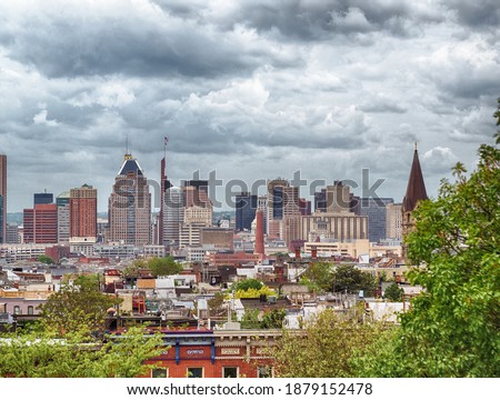 Baltimore cityscape skyline buildings on a cloudy day