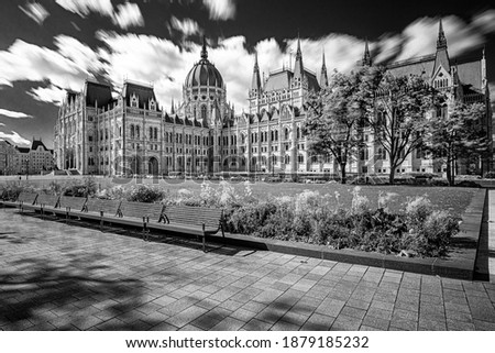 Black and white photo of the Hungarian Parliament, Budapest 