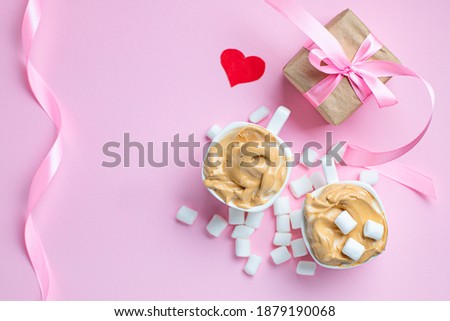 valentines day background coffee marshmallow gift concept mothers Day romance or 8 March pleasant top view copy space for text food background rustic