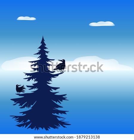 Winter landscape. Ravens sit on spruce branches, snow, drifts - abstract background - art, vector.