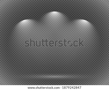 Light effect. three light sources. Light on transparent background. Illuminated podium. A collection of stage lighting. Third set Bright lighting with spotlights.