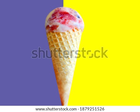 Photo object ice cream on pop art background. Example of ice cream in a waffle for advertising