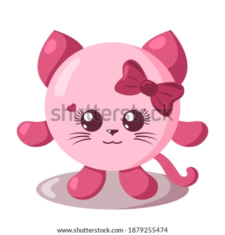 Funny cute kawaii cat girl with round body in flat design with shadows. Isolated vector illustration