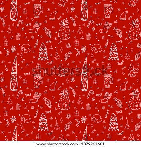 Cute Christmas pattern in doodle style. Seamless background with elf, tree, gifts, snowflakes and stars on a red background