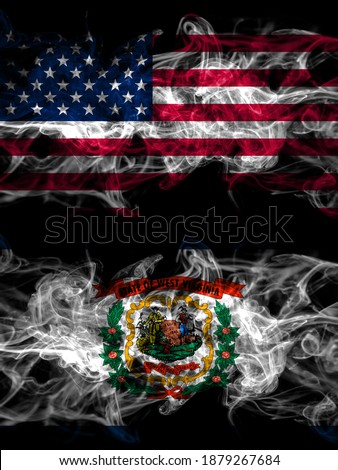 United States of America, America, US, USA, American smoky mystic flags placed side by side. Thick colored silky abstract smoke flags.