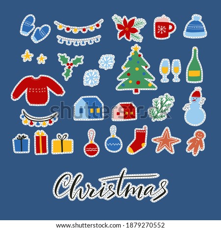 Christmas winter and New Year stickers set. Gingerbread, houses, gifts, balls, Christmas tree, mistletoe, stockings, sparkling wine, snowflakes etc. Vector illustration