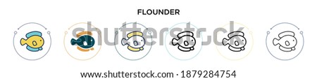 Flounder icon in filled, thin line, outline and stroke style. Vector illustration of two colored and black flounder vector icons designs can be used for mobile, ui, web