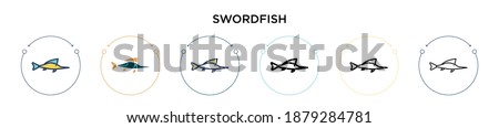 Swordfish icon in filled, thin line, outline and stroke style. Vector illustration of two colored and black swordfish vector icons designs can be used for mobile, ui, web