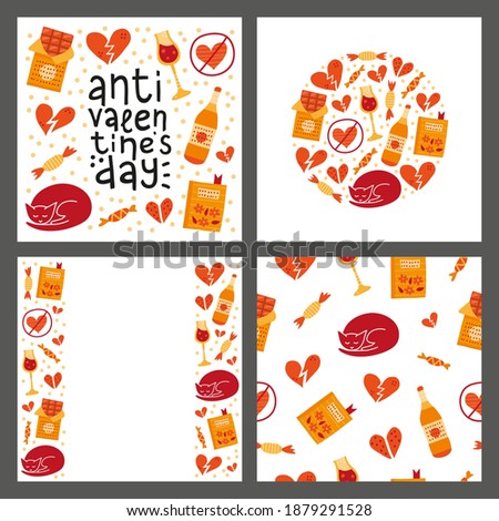 Set of cards with colorful doodle anti Valentine's day icons isolated on grey background. Composition, poster and seamless pattern.