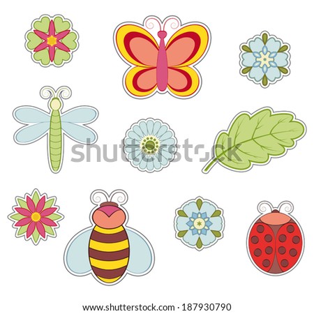 Set of icons with insects and flowers.