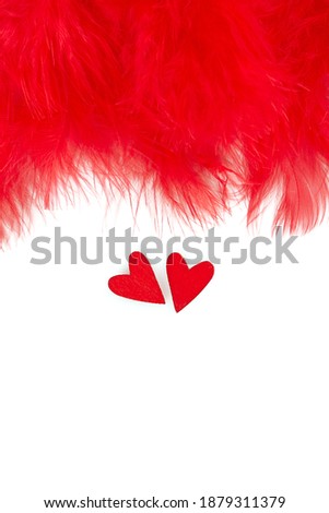 red feathers and hearts isolated on white background