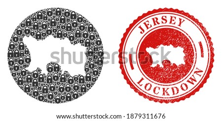Vector mosaic Jersey Island map of locks and grunge LOCKDOWN seal stamp. Mosaic geographic Jersey Island map created as subtraction from round shape with black locks.