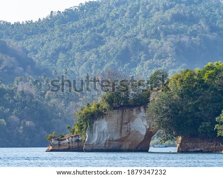 Plengkung Serena, a small island at the Lembeh Strait between Bitung on North Sulawesi and Lembeh Island in Indonesia. Lembeh Island in the background. Royalty-Free Stock Photo #1879347232