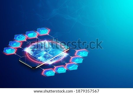 Hologram interface of a smart home in a smartphone on a blue background. Automation concept, modern house, new technologies. 3D rendering, 3D illustration