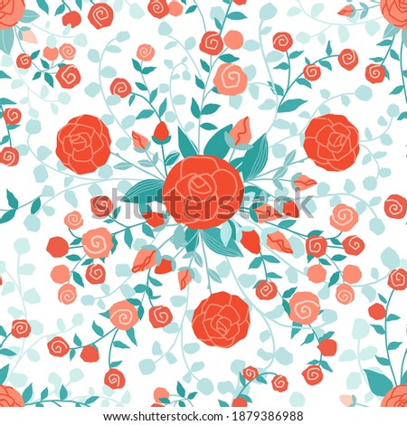 Flowers pattern. Cartoon seamless decoration summer bouquet elements for posters and invitation cards. Vector red roses with green leaves texture for printing, decor textile, wrapping and wallpaper