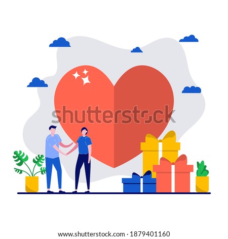 Preparation for Valentine's Day concept with tiny character. People stand near big heart, love holiday flat vector illustration. Can use for poster, card, background, web banner or landing page.