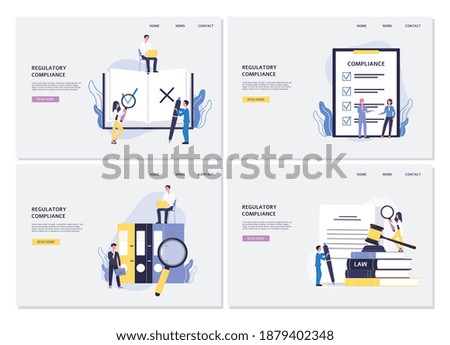 Business web banners set on regulatory compliance concept, flat vector illustration. Landing web page interfaces collection on topic of legal compliance and regulatory. Royalty-Free Stock Photo #1879402348
