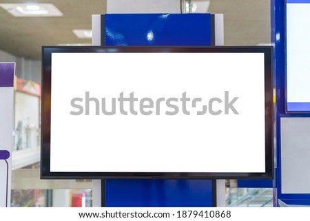 Mock up lcd smart TV or signboard for billboard banner display presentation at event convention exhibit trade show at booth  conference hall, white blank screen background
