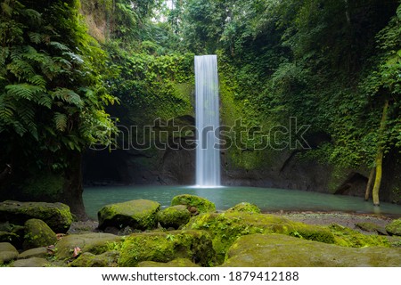 Tropical landscape. Beautiful hidden waterfall in rainforest. Adventure and travel concept. Nature background. Slow shutter speed, motion photography. Tibumana waterfall Bali, Indonesia Royalty-Free Stock Photo #1879412188