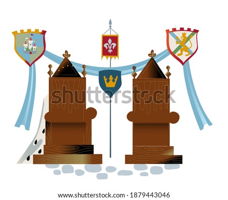 Medieval royal thrones background. Middle Ages emperor and royalty elements vector illustration. Historical traditional wooden furniture with herald shields on white background.