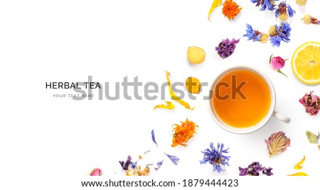 Creative layout made of a cup of herbal tea on a white background. Top view. 