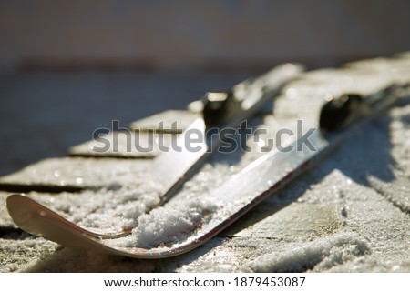 A pair of cross-country skis lies on the snow. The child is preparing for the race. Winter concept Royalty-Free Stock Photo #1879453087