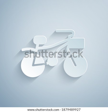 Paper cut Bicycle icon isolated on grey background. Bike race. Extreme sport. Sport equipment. Paper art style. Vector.