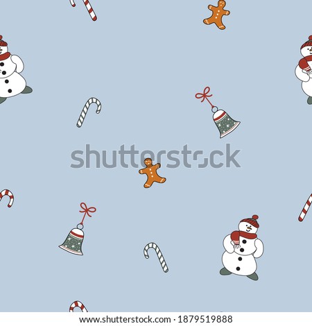 Christmas hand-drawn seamless pattern with New Year cute festive cartoon objects.Funny gingerbread man,candy cane,bell and snowman on blue background.For fabric, textile,napkins.Raster illustration