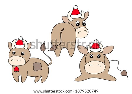 Bull in a winter hat. Vector animal illustrationfor kids. Template adorable character for your design. Colorful cartoon cute cow. New Year and Christmas symbol 2021. Isolated icon.
