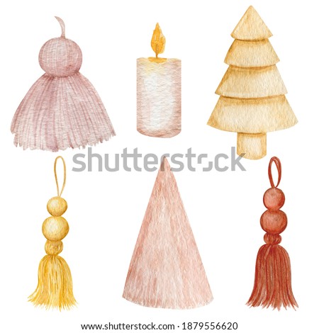 Christmas tree toy decoration watercolor illustration. Boho christmas decoration isolated on white background.