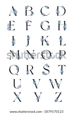 Alphabet with light blue flowers on white background. Flat clip art. Letters with flowers for wedding typography