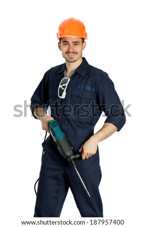 young worker standing with drill isolated on white background
