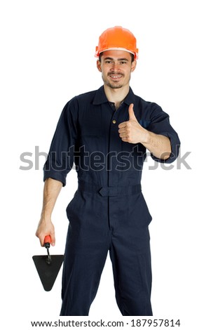 young worker standing with trowel isolated on white background
