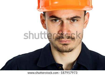 Funny worker in helmet with emotion on her face on white background