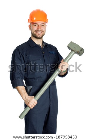 young worker standing with hammer isolated on white background