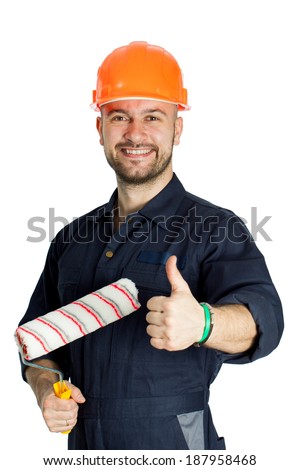 young worker standing with roller for painting isolated on white background