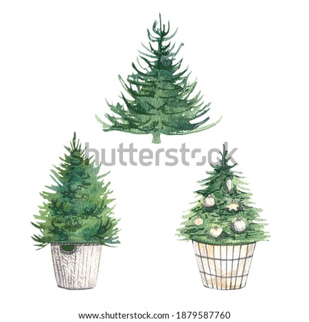 Watercolor set of Christmas trees in a basket isolated on a white background. Scandinavian style illustration for your design.