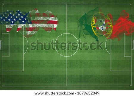 United States vs Portugal Soccer Match, national colors, national flags, soccer field, football game, Competition concept, Copy space