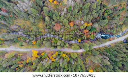 Aerial taken above Tatra National park in Poland, Autumn Colors, Trees and Creek