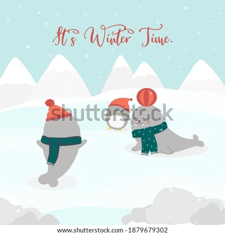vector of final winter with walrus and penguins play a ball