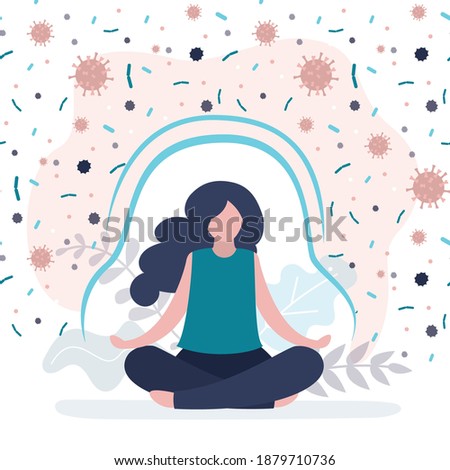 Female character protected from bacteria and viruses. Woman boosting immune system with yoga. Cute girl practicing meditation. Concept of healthy lifestyle and good habits. Flat vector illustration Royalty-Free Stock Photo #1879710736