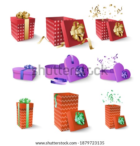Set of gift boxes isolated on white background. Red, purple and orange boxes with colored bows and candy. Merry Christmas and Happy New Year 2021. Vector illustration