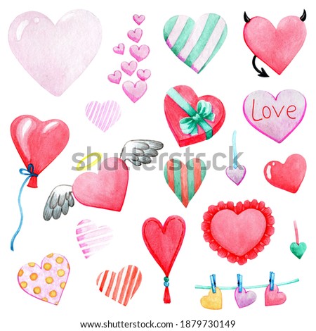 Set of hearts for romantic design. Hand drawn watercolor illustration on white background. Clip art elements for creating postcards, packaging in delicate colors.