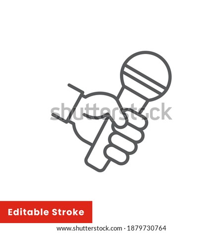 Hand holding microphone icon, line style. a handheld microphone is used to interview a source in seeking accurate information. Vector illustration. Design on white background. Editable stroke EPS 10