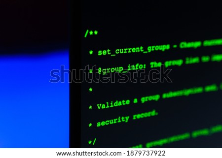 Code language on a computer screen.  Selective focus on words.