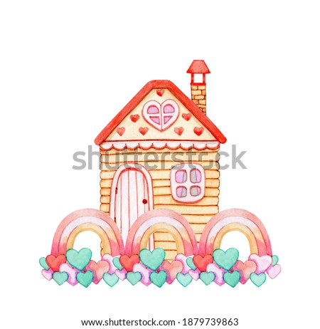 House with hearts and a rainbow fence. Hand drawn watercolor illustration on white background. An element for creating a romantic design for cards, packaging, prints.